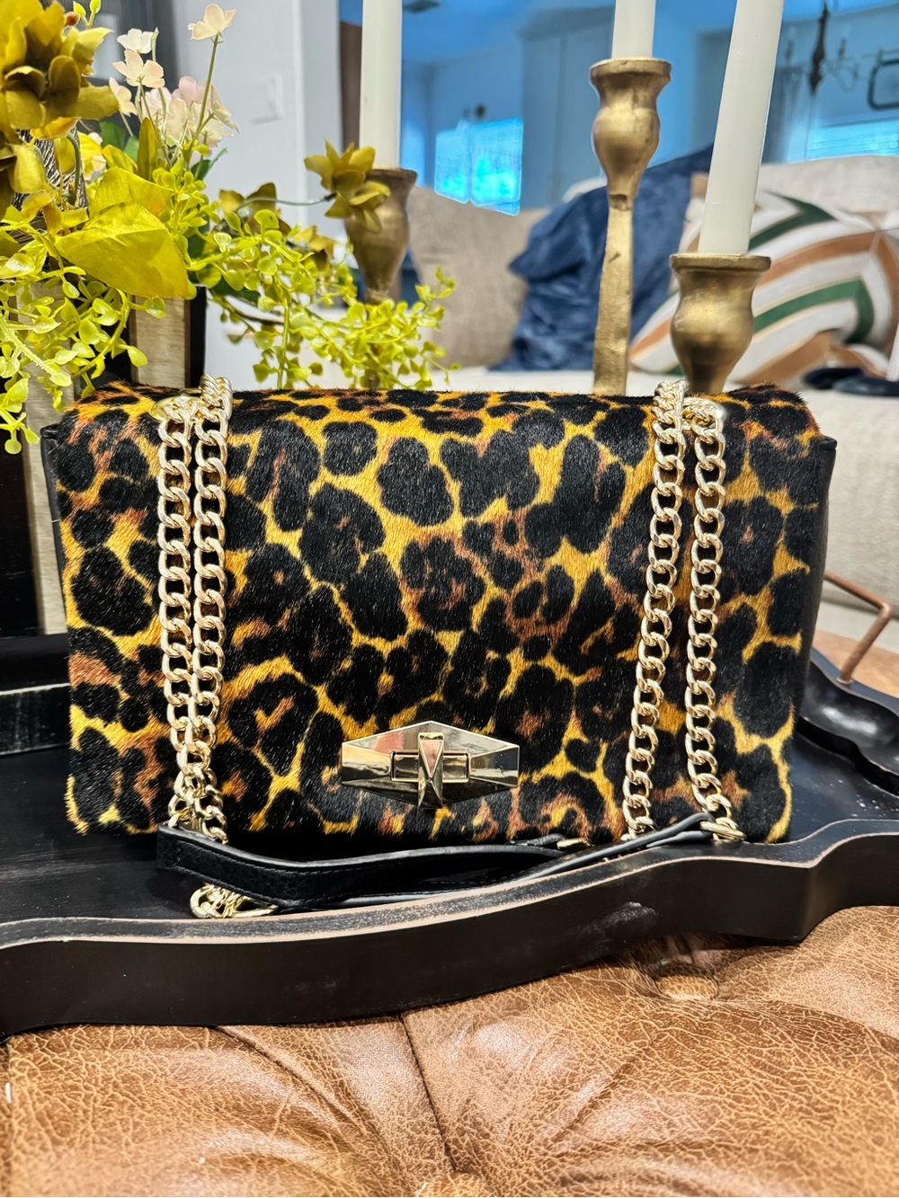Leopard Print Chain Shoulder Bag - Gold Hardware